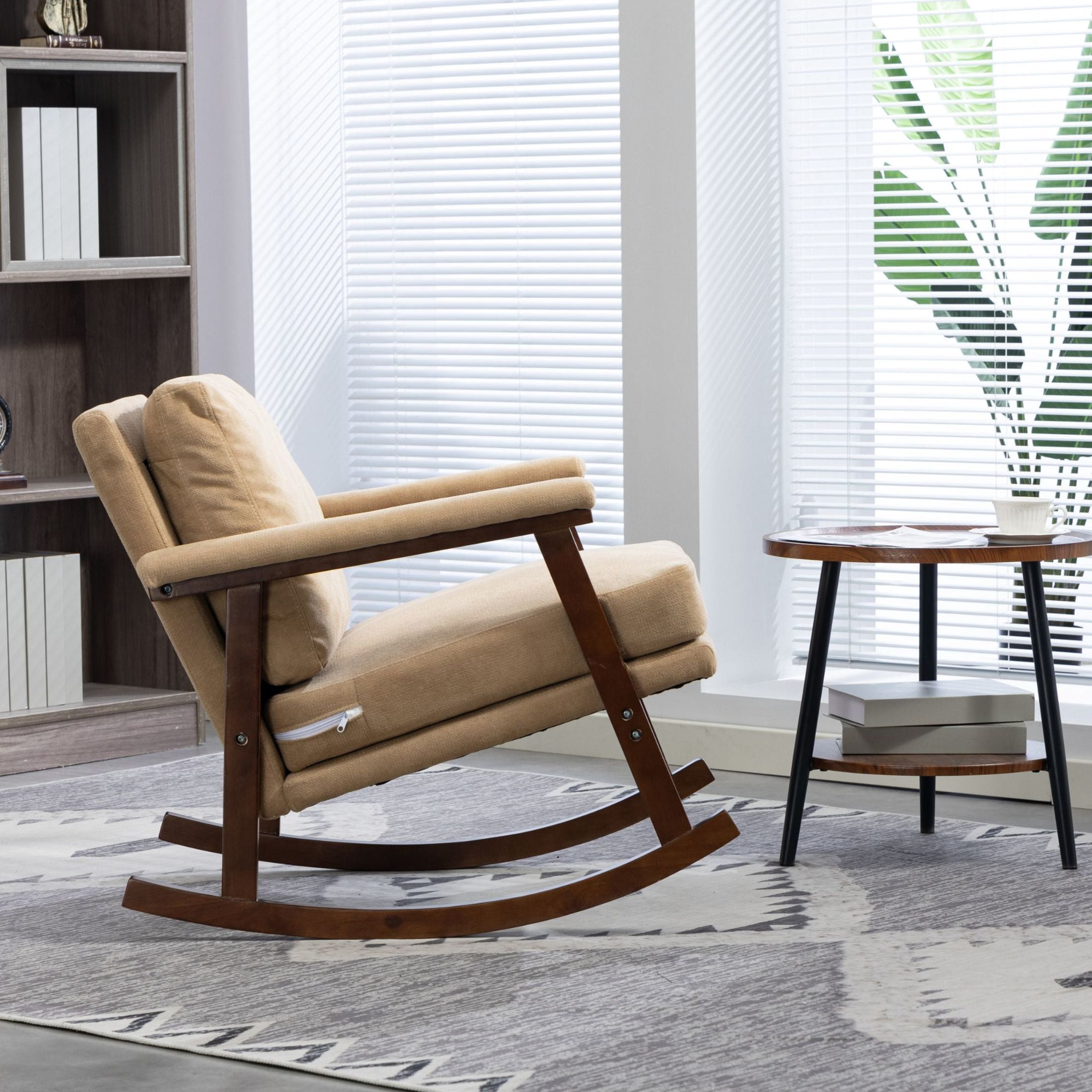 GDF Studio Enisa Mid-Century Modern Solid Wood Rocking Accent Chair, Reading Armchair for Bedroom, Living Room, Khaki