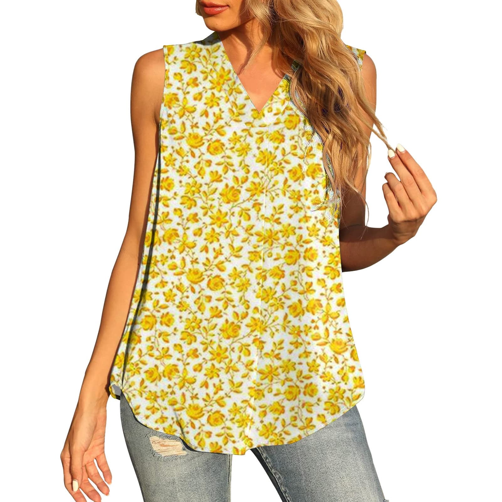 Womens Summer Flowy Sleeveless Tunic Swing Shirts Casual Comfy V-Neck Floral Print Tank Tops 