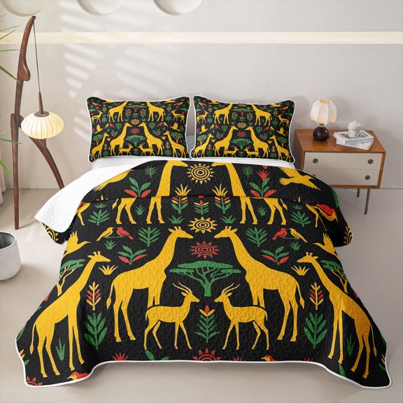 jejeloiu Safari Giraffe Twin Quilt Set For Men Women,Ethnic Pattern Twin Coverlet Set,Black Yellow,2pcs