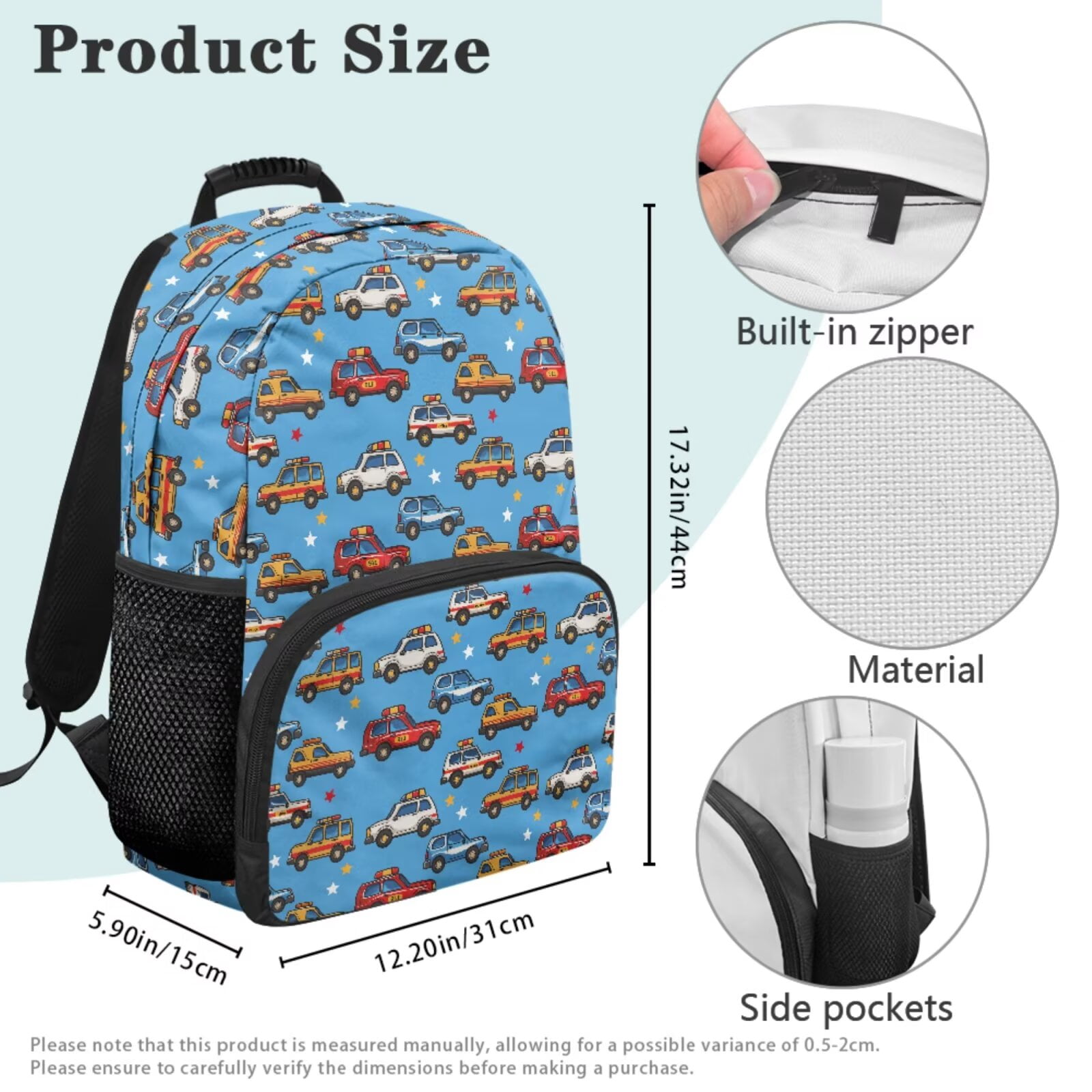 Pzuqiu Cartoon Car Print Back Pack for School Girls 4 pcs 17 Inch Kids Backpack Lunch Bag with Pencil Case,Cute Travel Rucksack Camping Schoolbag for Teens Middle School