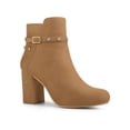 thumbnail image 1 of BLISSFUL STEP Women's Buckle Decor Block Heels Ankle Boots Brown 7.5, 1 of 7