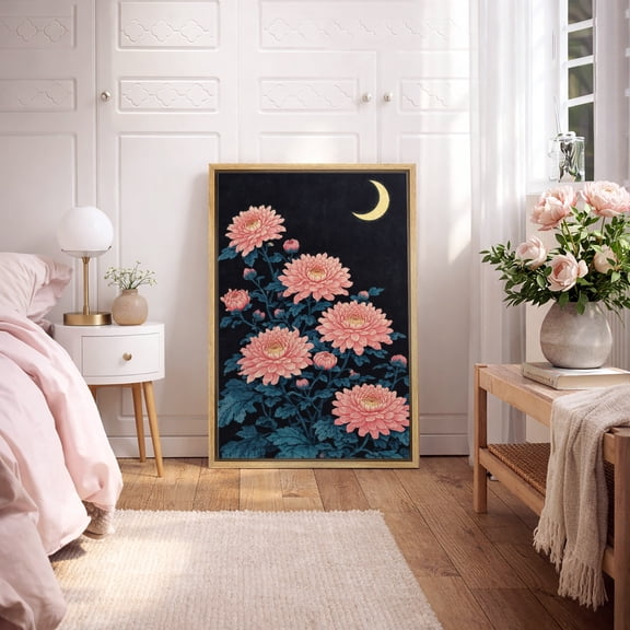 Framed Canvas Wall Art Chrysanthemum Moon Floral Print for Living Room Decoration - 16"x24" NATURAL