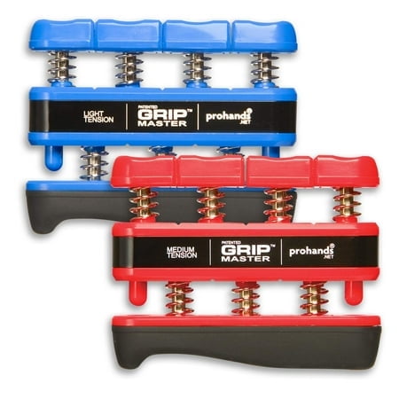 Prohands Gripmaster Hand Exerciser, Finger Exerciser (Hand Grip Strengthener), Spring-Loaded, Finger-Piston System, Isolate And Exercise Each Finger, (Set Of 2) (Blue, Red)