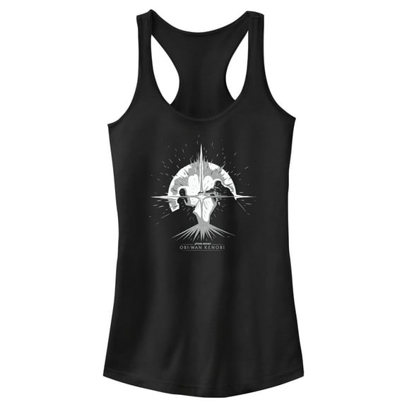 Junior's Star Wars: Obi-Wan Kenobi Darth Vader vs Kenobi Silhouette Lightsaber Explosion Racerback Tank Top Black Large