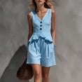 thumbnail image 5 of Mifsaly 2 Piece Linen Set for Women Sleeveless V Neck Button Down Peplum Top and Loose Shorts Lightweight Flowy Casual Vacation Summer Outfits Light Blue,S, 5 of 7