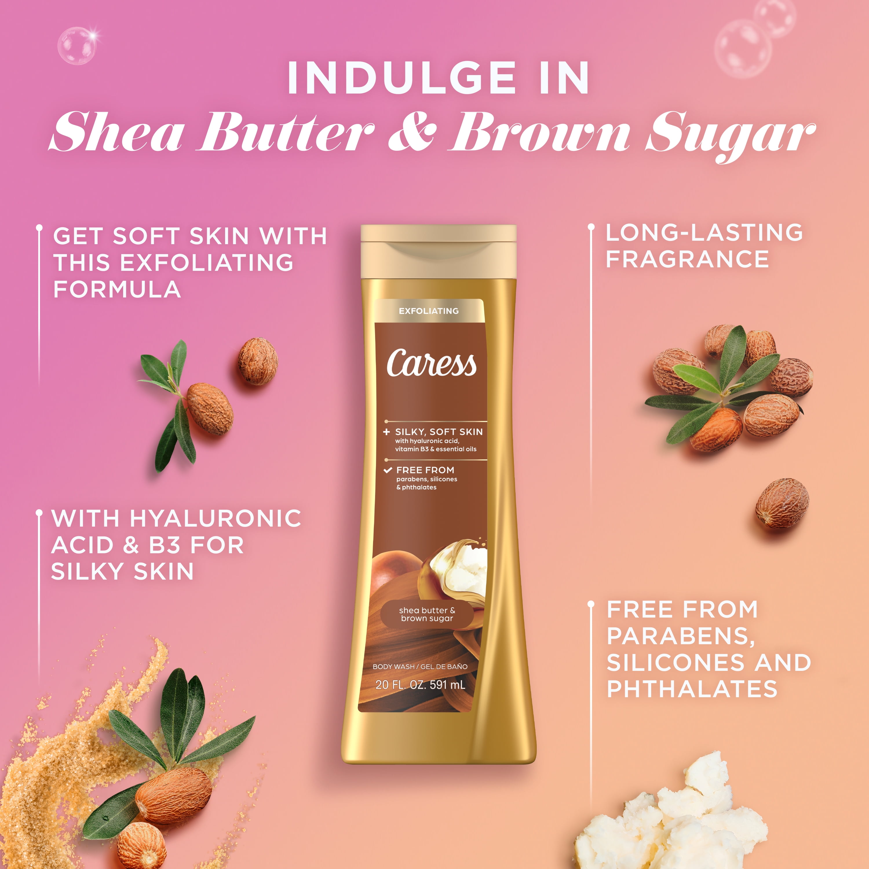 (4 pack) Caress Shea Butter & Brown Sugar Body Wash, Exfoliating & Moisturizing, Hyaluronic Acid, 20 oz