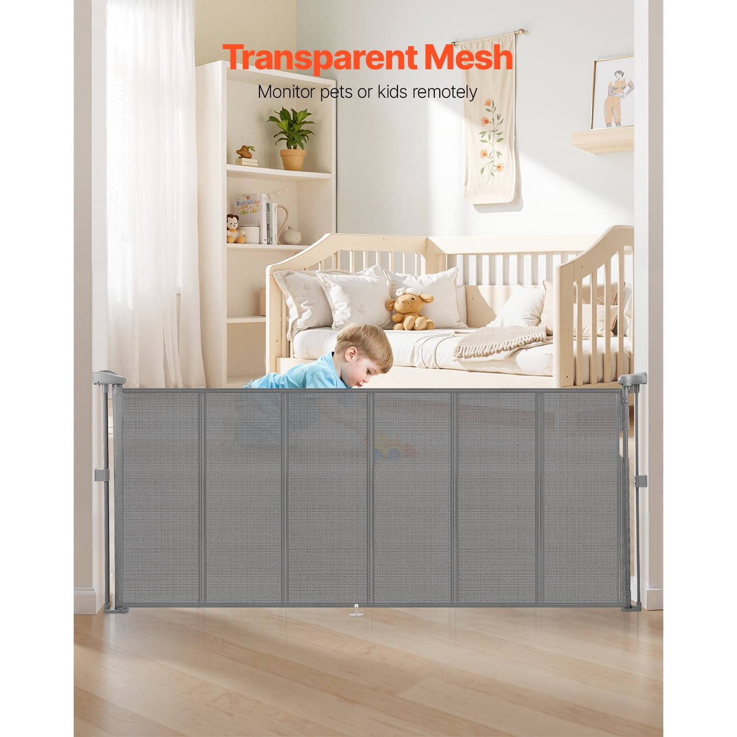 KFFKFF Retractable Baby Gate, 34-Inch Height, Expands Up to 71 Inches Wide, Mesh Barrier for Children or Pets, Simple Installation for Indoor Stairs, Doorways, Hallways, and Play Areas, Gray