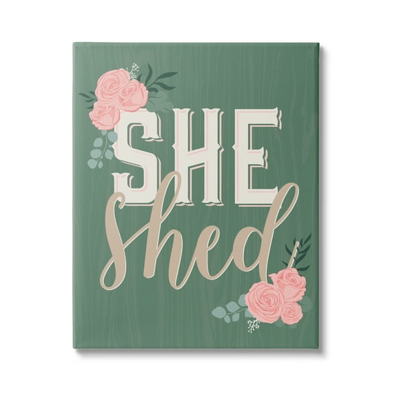 Stupell Industries She Shed Floral Pink Rose Calligraphy Sign Graphic Art Gallery Wrapped Canvas Print Wall Art, Design by Angela Nickeas