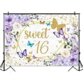 thumbnail image 2 of Fondo personalizado para quinceañeras con diseño de mariposas moradas y flores, ideal para fiestas de cumpleaños de niñas, accesorios para fotomatón (2,1 x 1,5 m), 2 of 8