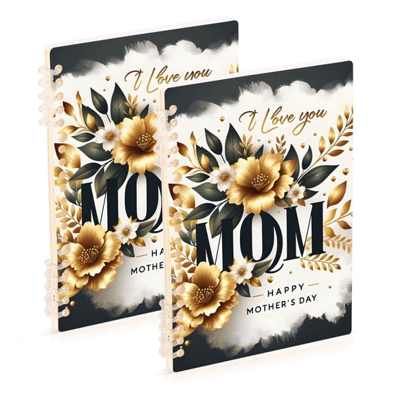 Gold Flowers Mother Day Ring Binder Notebook Journey Note Diary College Ruled Spiral Notebook Study Loose Leaf Paper A5 60 Pages