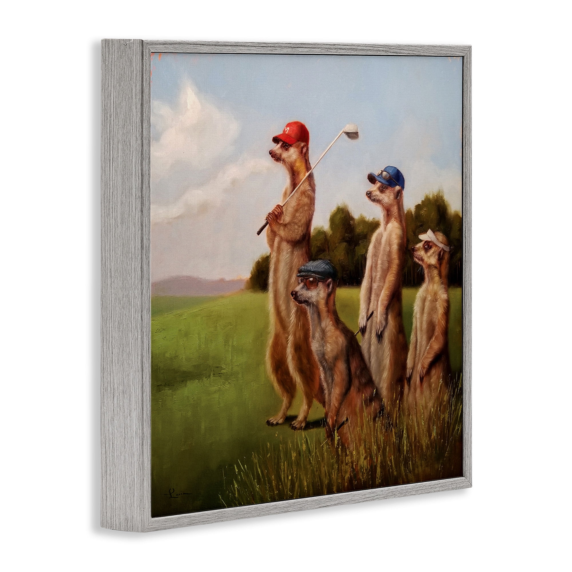 Stupell Industries Meerkats Playing Golf Animals & Insects Painting Gray Framed Art Print Wall Art, 24 x 24