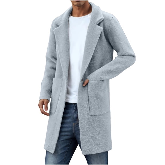 Men's Mid Length Fleece Pea Coat Long Sleeve Lapel Button Solid Jacket with Pockets Gray M