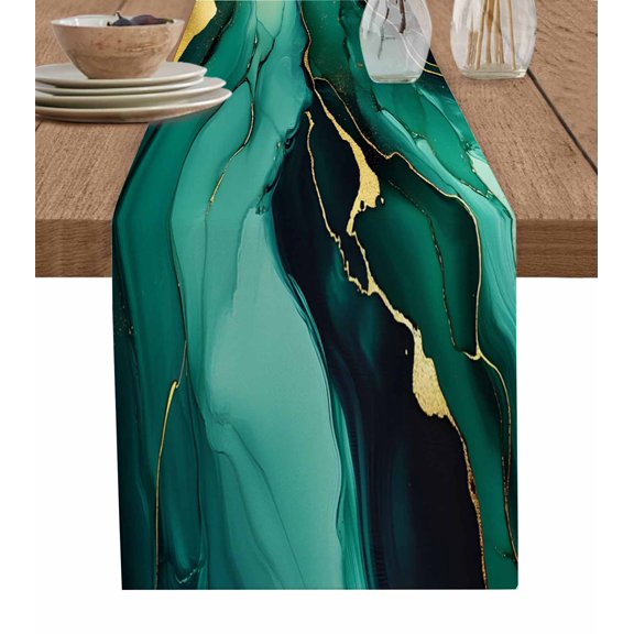 Teal Marble Table Runner 48 Inches, Modern Green Golden Abstract Ombre Texture Bed Runner Dresser Scarves Tabletop for Indoor Outdoor Parties/Ceremony/Banquet, 13" x 48"