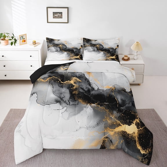 Black and Gold Twin Size Comforter Set Watercolor Marble Bedding Set, Abstract Marbling Down Comforter Stone Pattern Bed Set, Mountain Fluid Foil Print Quilted Duvet