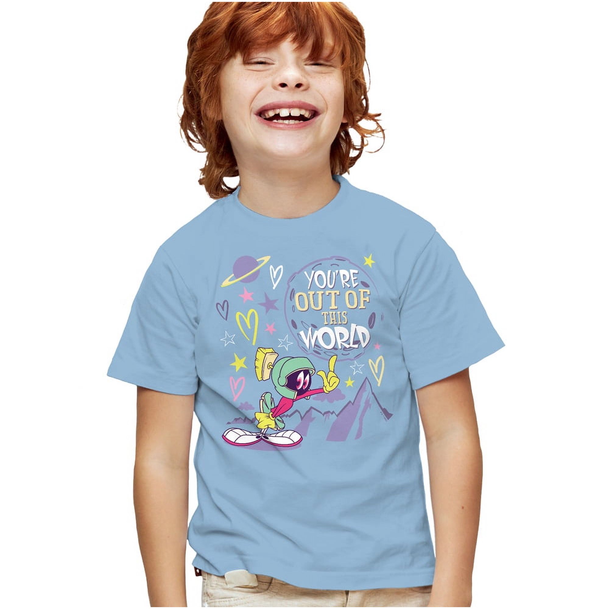 Looney Tunes Out Of This World Valentine Kids T Shirt for Youth Boys and Girls, Light Blue, Medium