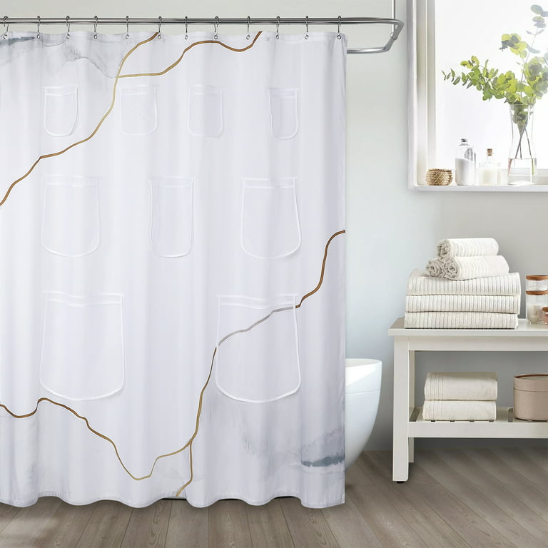 Glowsol 72 X Shower Curtain With 9 Handy Mesh Pockets Pocket Gold Lines Bathroom Curtains Modern Waterproof Fabric White Com