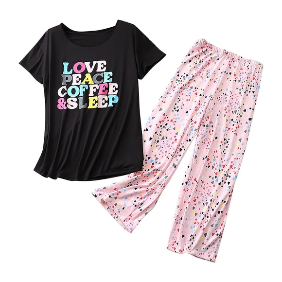 Jindong Pajamas Set for Women Women's Cotton Pajama Set Cute 2 Piece Set Comfy Summer V Neck Short Sleeve Shirt Capri Sleepwear Womens Loungewear