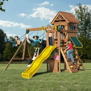 Swing-N-Slide Jamboree Fort Wooden Backyard Swing Set with Yellow Wave Slide, Wood Roof, Swings and Climbing Wall