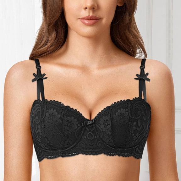 ZHOGXU Womens Lace Bra With Adjustable Straps Seamless Wireless Half Cup Solid Color Push Up Comfortable Breathable Brassiere For Everyday Wear,Black,32