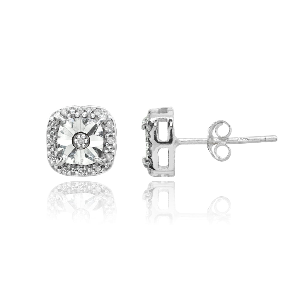 Polished Halo Square Cushion Diamond Accent Sterling Silver Stud