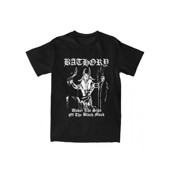 T Shirt Bathory Band Graphic Tee Black Unisex Shirt Featuring Skull And Crossbones Design Under The Sign of The Black Mark Print
