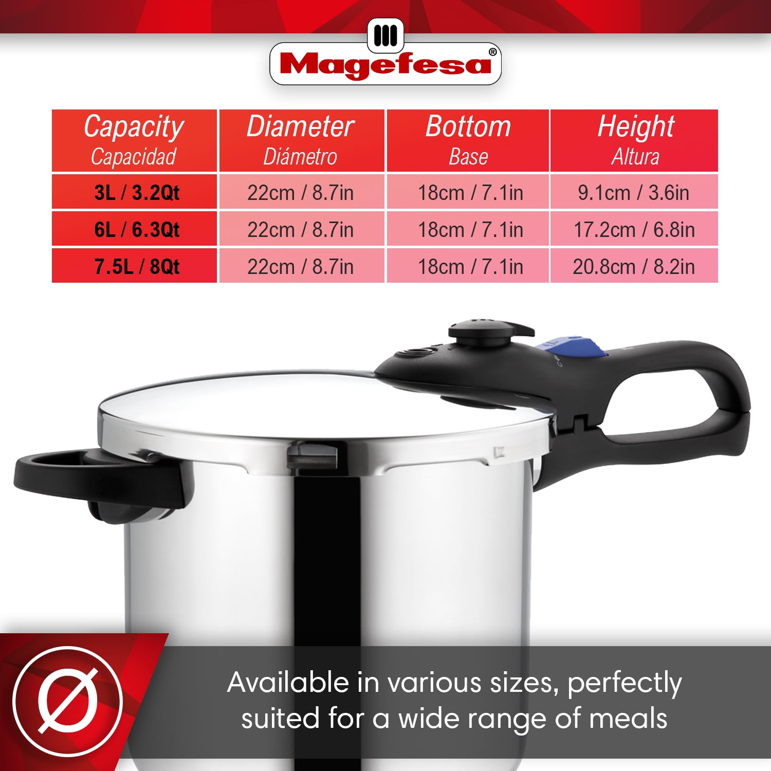 Magefesa Favorit Pressure Cooker Set, 3.2  & 6.3 Qt, Stainless Steel, Induction Compatible, 5 Safety Systems