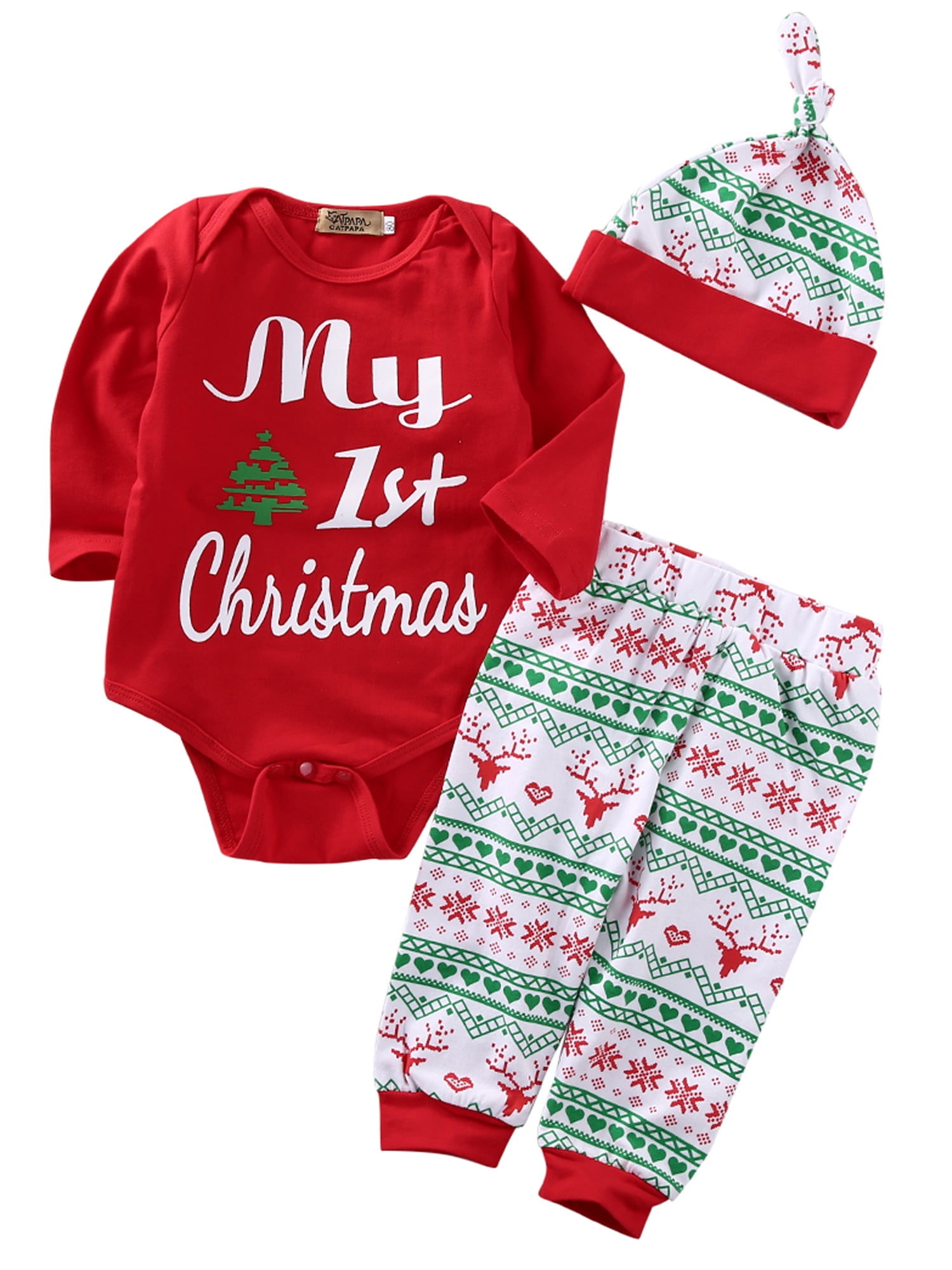 Long Pants Hat Outfits Clothes Xmas 3PC//4PC Newborn Baby Boy Girl Romper Tops