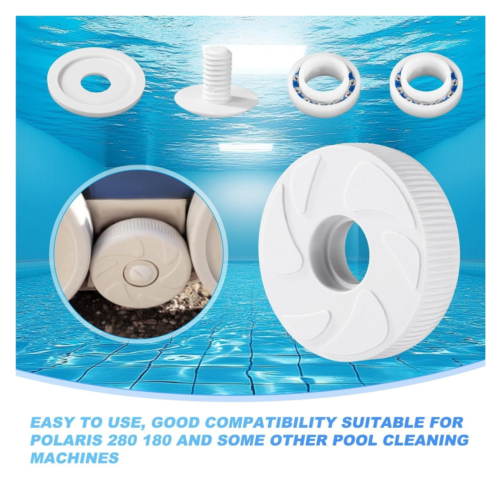 CAURHQSX Pool Cleaner Idler Wheel Replacement Kit Part for Polaris 280 180, ABS Metal White Ball Bearing with Tire C16 C36 Swing Shaft Components C36 Wheel Washer Swing Axis