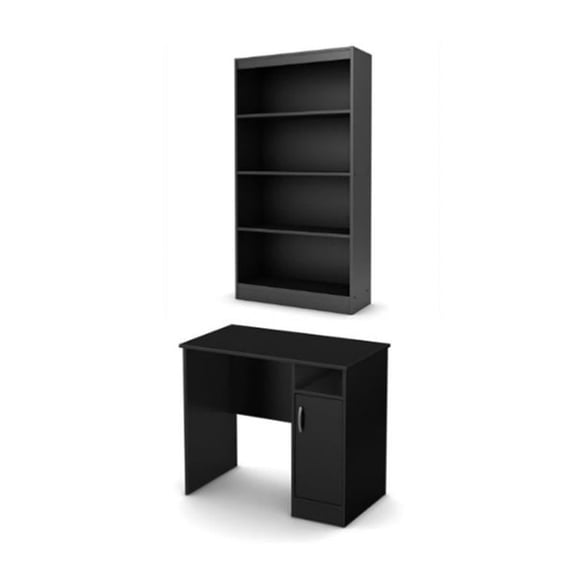 South Shore Axess Small Desk and 4-Shelf Bookcase Set in Pure Black