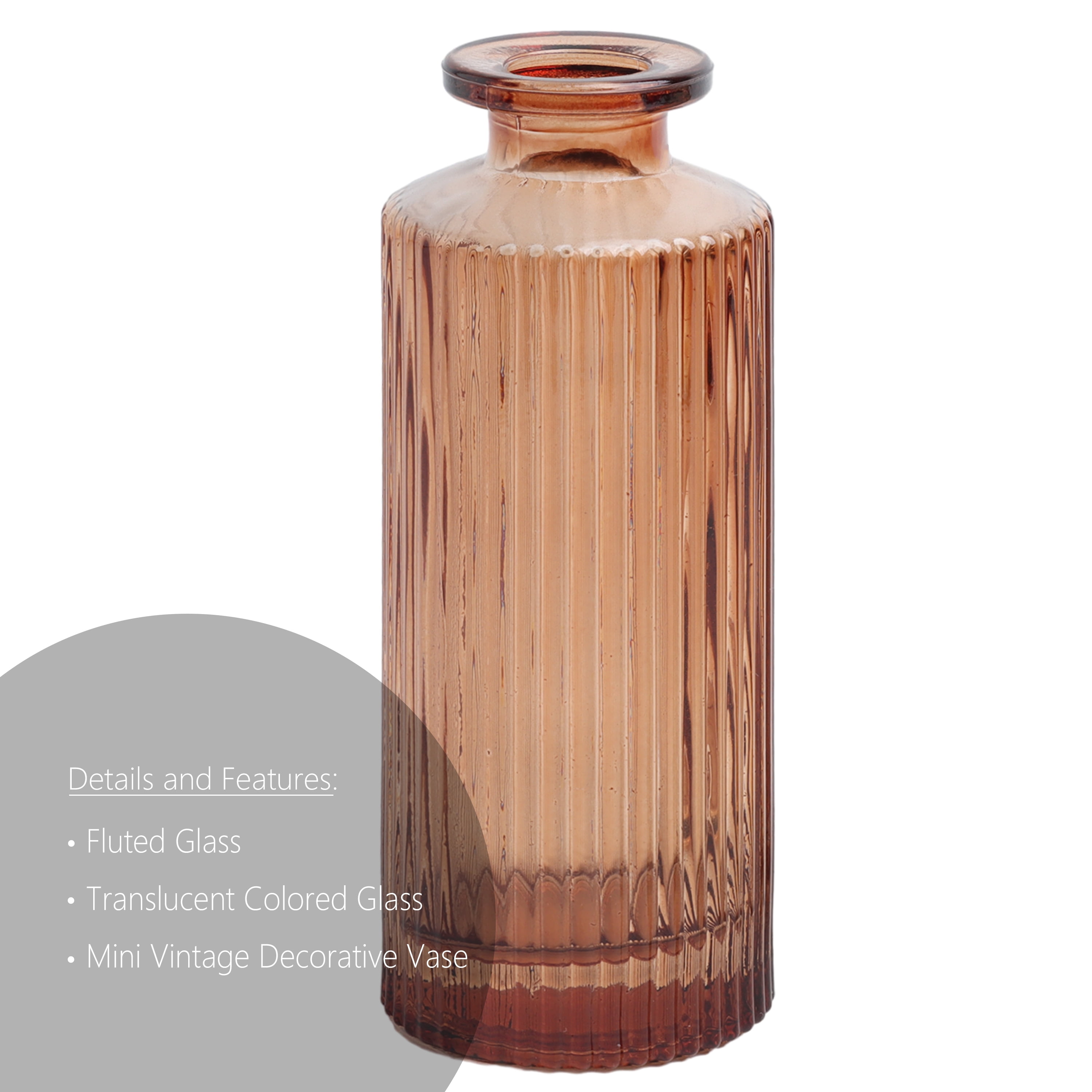 (2 pack) Mainstays Mini Ribbed Translucent Glass Tabletop Indoor Vase, 5.2 in, Amber