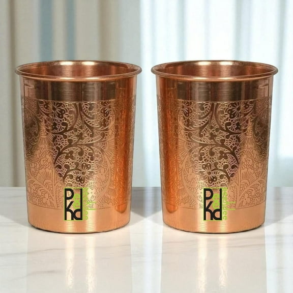 Peekdee Pure Copper Embossed Designed Glass Ayurveda Health Benefits Drinking Ware Tumbler Set of 2