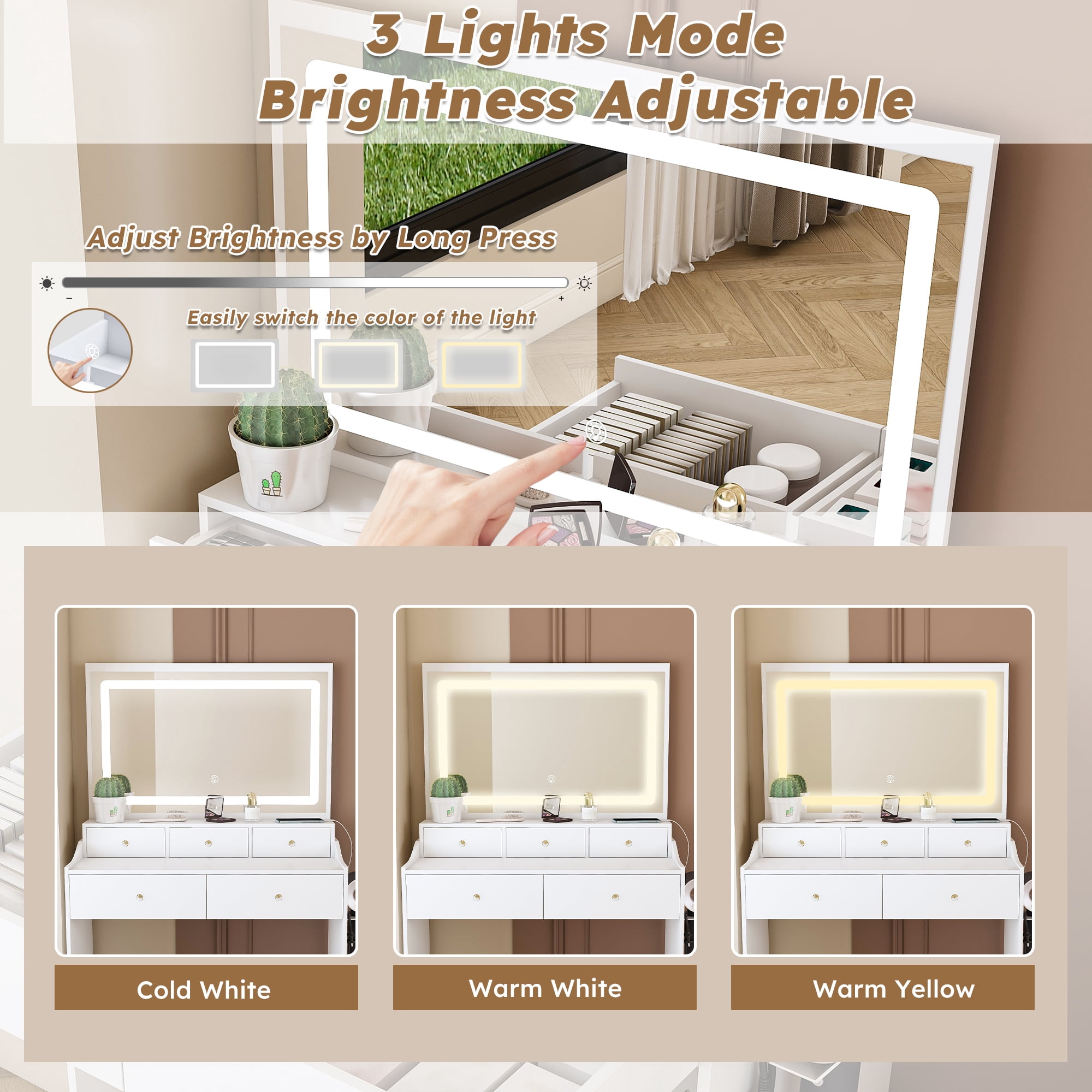 New Large Mirror Vanity Desk for Bed room , Modern Makeup Vanity Set with Power Outlet and Hair dryer holder, 5 Drawers, 3 Lighting Color Adjustable Dressing Table for Bedroom, White Color