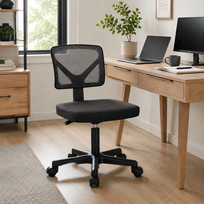 BEAUTYPEAK Desk Chair with Y-Shaped Lumbar Support Adjustable Armless Mesh Office Chair with Wheels for Home Office, Black