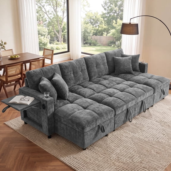 Aukfa 108" U Shaped Sleeper Sectional Sofa with Pull Out Bed, Chenille Convertible Sofa, Storage Chaise, USB/Type-C Ports & Side Table, Gray