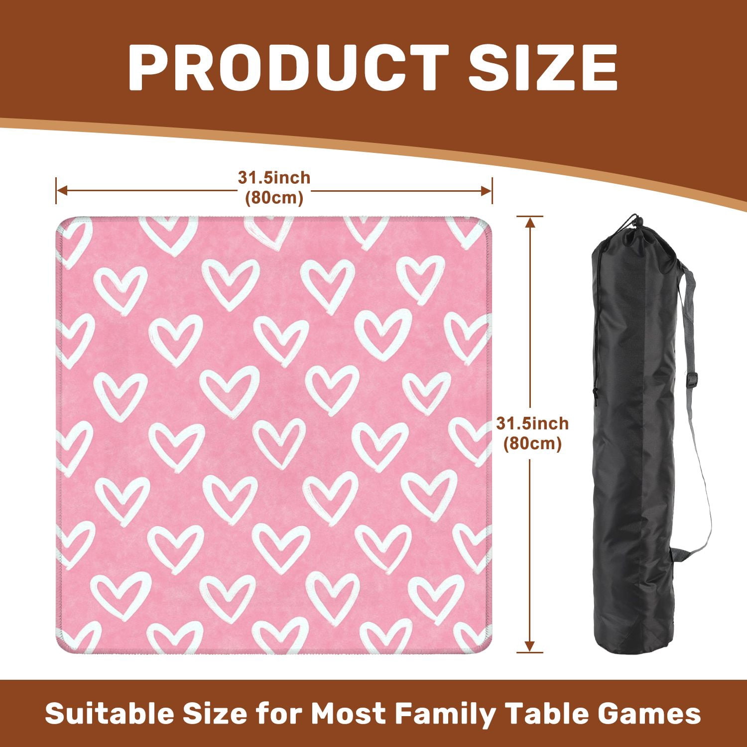 Mahjong Mat 31.5" x 31.5" Drawn Hearts Soft Pink Non-Slip Noise Reduction American Mahjong Tiles Table Cover for Dominoes Poker Card Board Games Gift