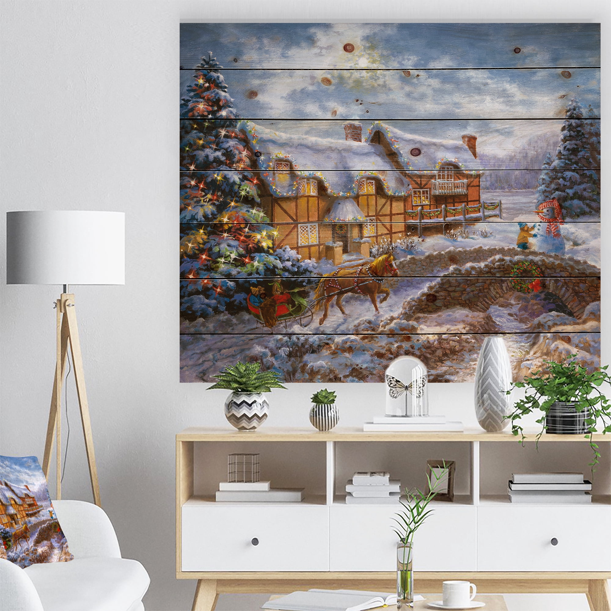 Designart 'Christmas Tree with horse and open sleigh in winter landscape' Print on Natural Pine Wood