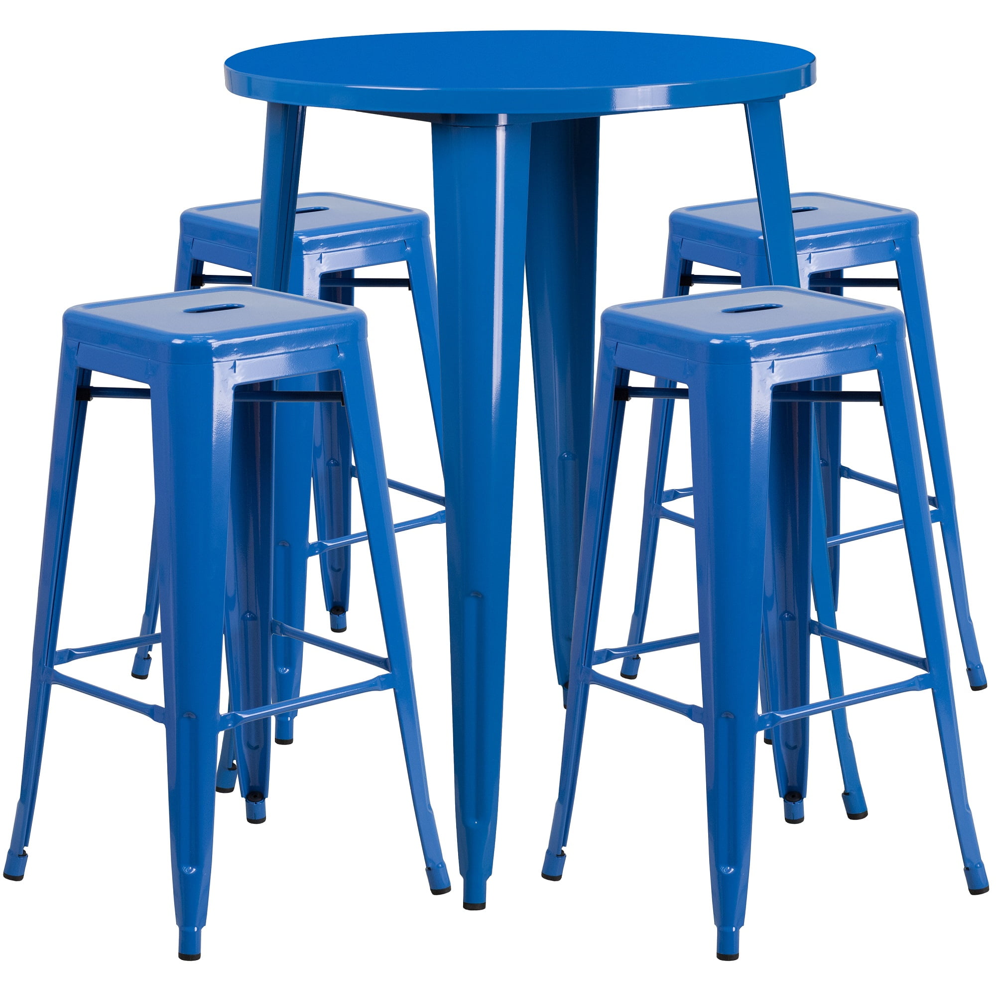 Set of 5 Blue Round Metal Indoor or Outdoor Bar Height Table and Square Seat Backless Stools Set 41&rdquo;