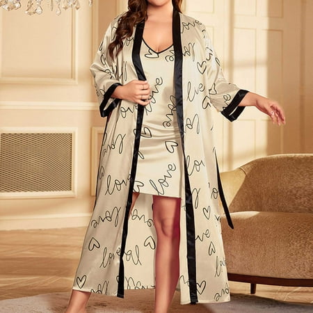 Socisucc Plus Size Lingerie with Bra Support Women s Suspender Dress And Outer Robe Two Sets Fashionable Imitation Silk Pajamas Ice Silk Home Clothing