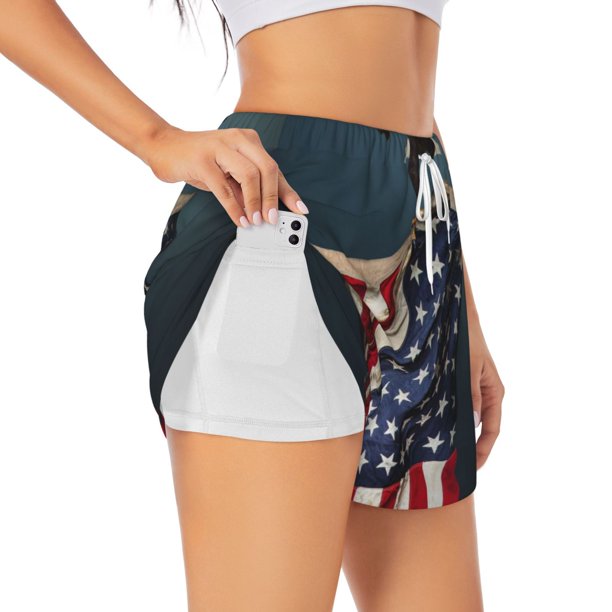 Balery American Flag Pantalones cortos deportivos para mujer con forro y dos bolsillos, elásticos, para entrenamiento, gimnasio, yoga-XX-Large