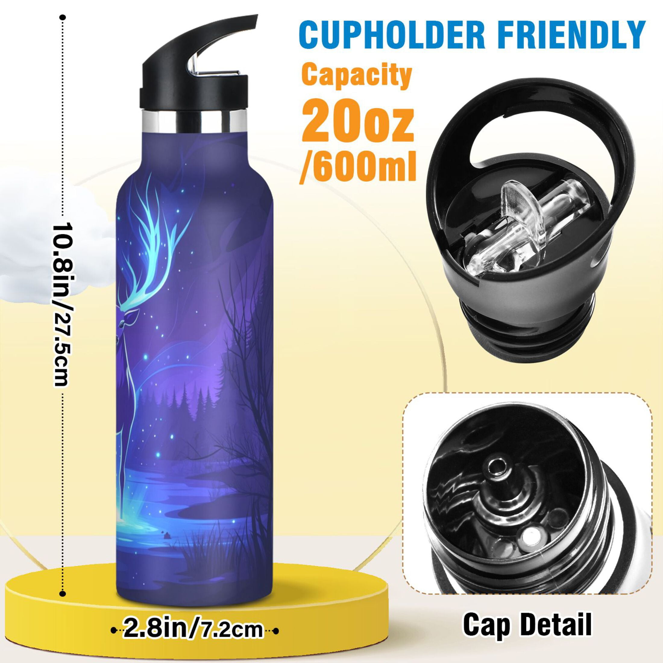 600ML Stainless Steel Insulated Cup Sports Water Bottle Portable Thermos Cup Water Glasses Insulated Tumblers Convenient and Durable Purple Elk
