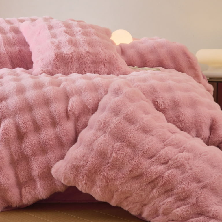 Pink Fluffy Blanket With Pillow Cover Pieces Set Wajade Fluffy Comforter Cover Set Rabbit Bubble Faux Fur Duvet Cover Luxury  Cozy Bedding Set Pieces With Zipper -1 Duvet Cover And Pillow Cases,Old  Pink Full Size Set