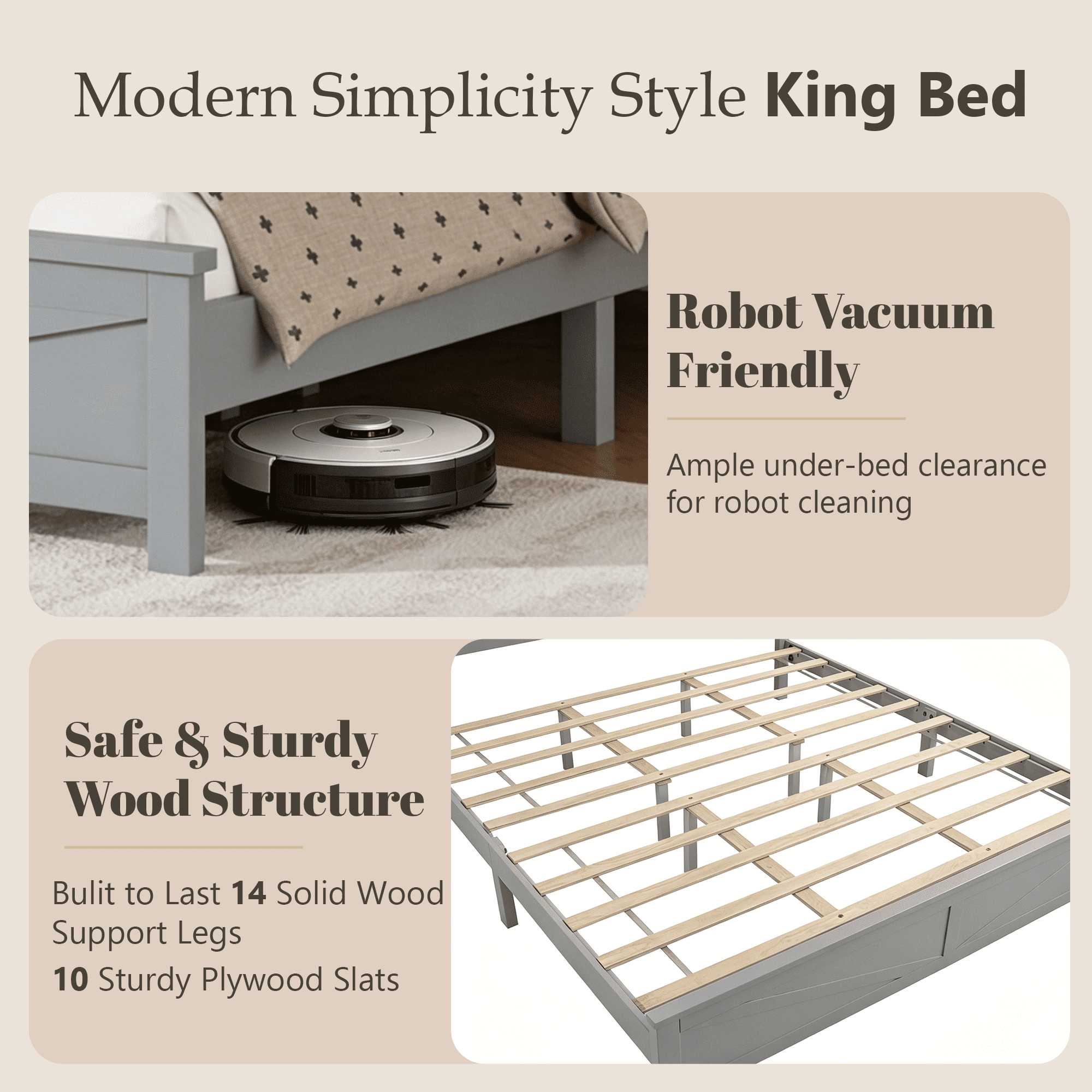 Mintazer Farmhouse King Size Platform Bed with Under-Bed Storage, Platform Bed Frame with Headboard & Footboard for Bedroom, Grey
