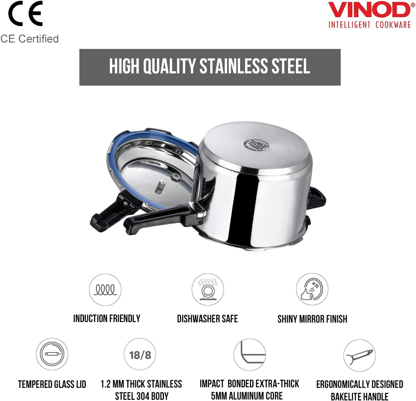 Vinod Pressure Cooker Stainless Steel – Outer Lid - 5 Liter – Induction Base Cooker – Indian Pressure Cooker – Sandwich Bottom – Best Used For Indian Cooking, Soups, and Rice Recipes, Quinoa