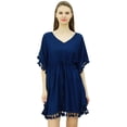 thumbnail image 4 of Bimba Women's V Neck Tassel Kaftan Short Rayon Caftan Designer Beachwear Coverup Dress, 4 of 8