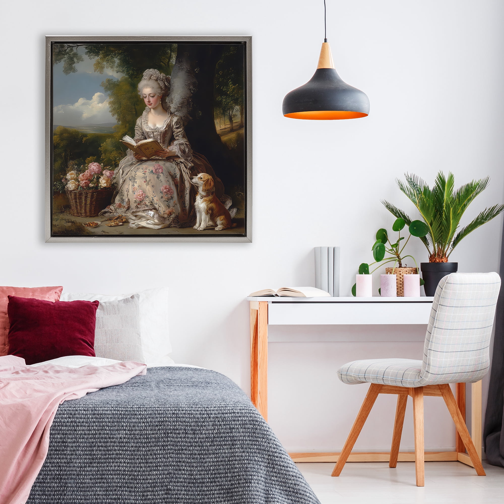 Stupell Industries Rococo Lady with Dog Gray Framed Floater Canvas Wall Art, design by The Wands Want