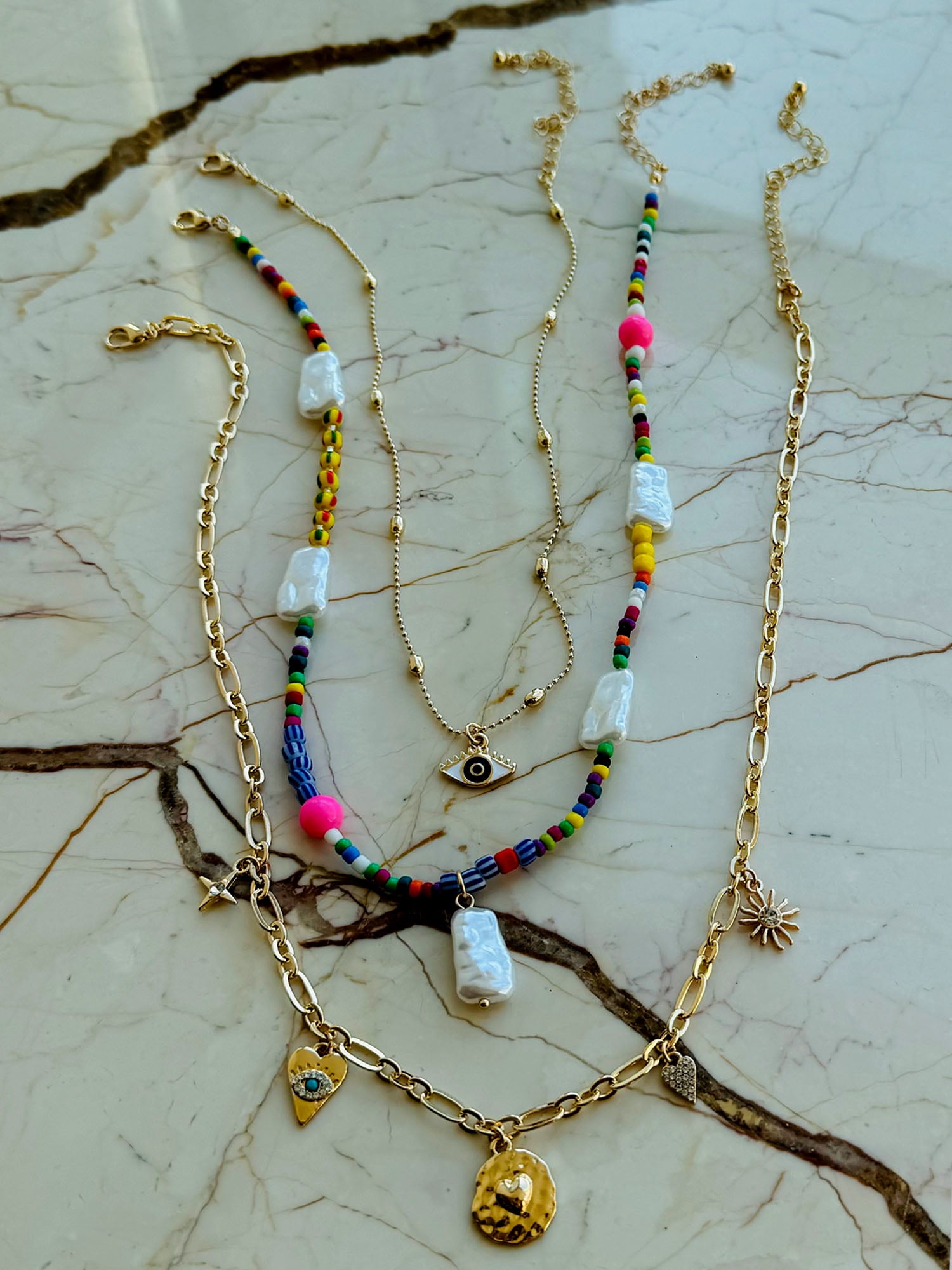 No Boundaries Multi Color Beaded with Evil Eye Gold Plated Necklace for Female Adults and Teens, 3 Pack