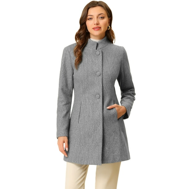 Abrigo De Invierno Elegante PaMujer Abrigo Largo De Un Solo Pecho Con Cuello Alto En Mitad Del Muslo Gris M