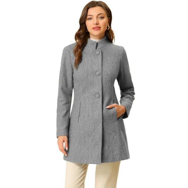 Abrigo De Invierno Elegante PaMujer Abrigo Largo De Un Solo Pecho Con Cuello Alto En Mitad Del Muslo Gris XS