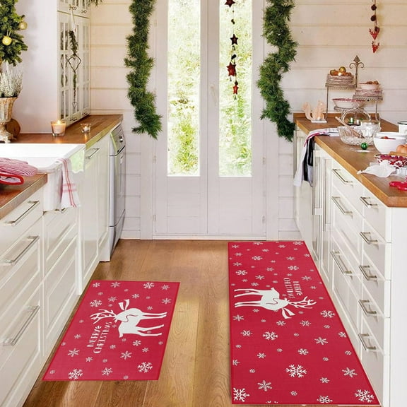 PALIFEUR Christmas Kitchen Rugs Set of 2, Pink Christmas Rugs, Non-Slip Washable Kitchen Mats, Kitchen Rug for Christmas Kitchen Decor Festival Holiday Party Decorations