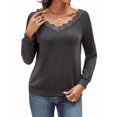thumbnail image 2 of V Neck T Shirts for Women Lace Long Sleeve Cute Tops Fall Winter Dressy Casual Blouses Trendy Tees Dark Gray M, 2 of 9
